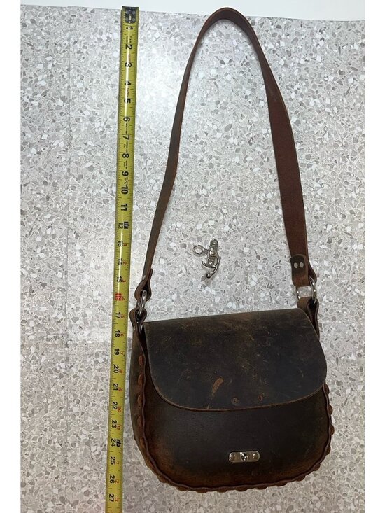 Handbags - Brown Leather Handbag Purse Structured Whipstitch Swing Lock Steampunk FLAW READ